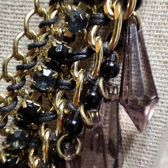 Smoke Acrylic Plastic Faceted Teardrop Black Prong Set Gold Rhinestone Necklace - Picture 9 of 13